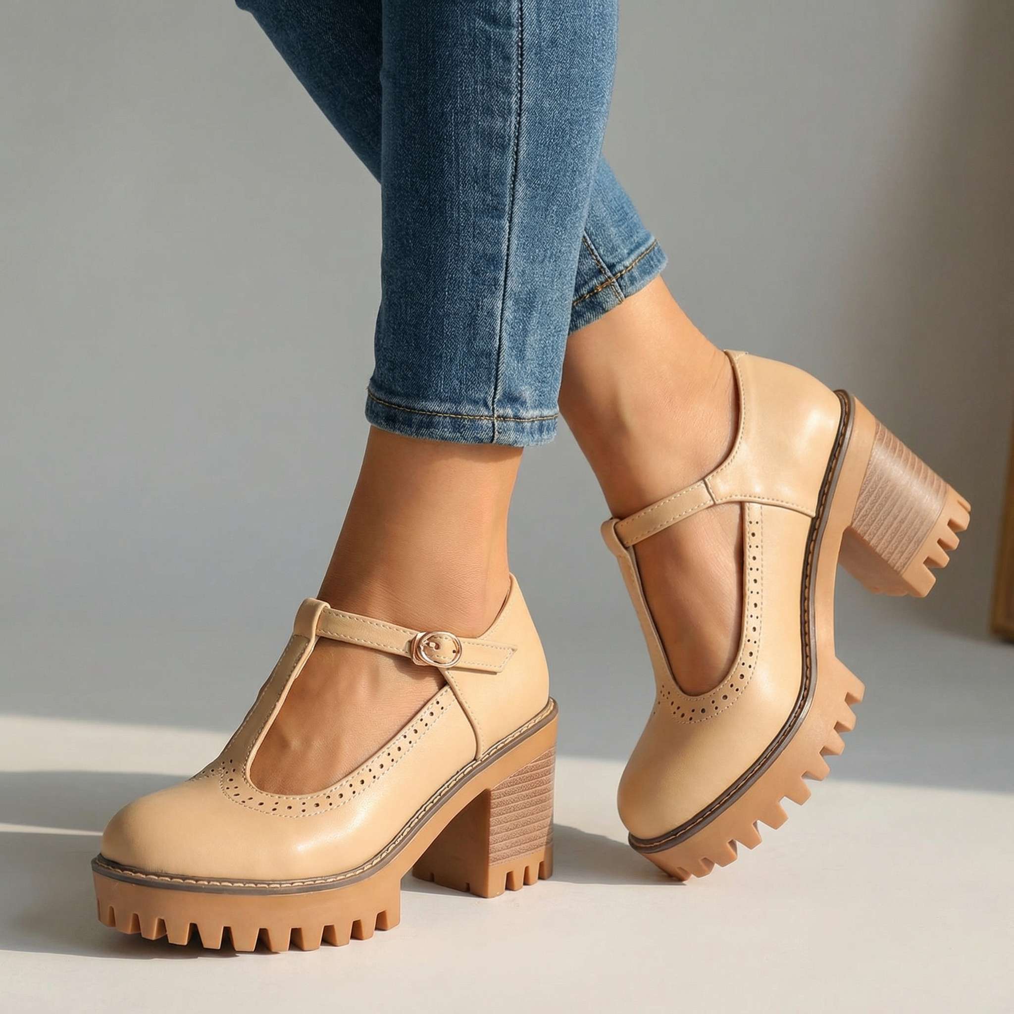 Women's Mary Jane Heels Platform Block Heel T-Strap Lug Sole