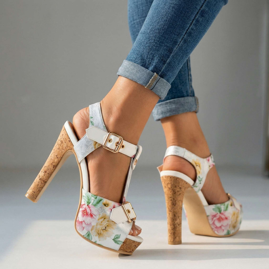 Women's Platform Heels - Open Toe - T-Strap - Cork Block Heel