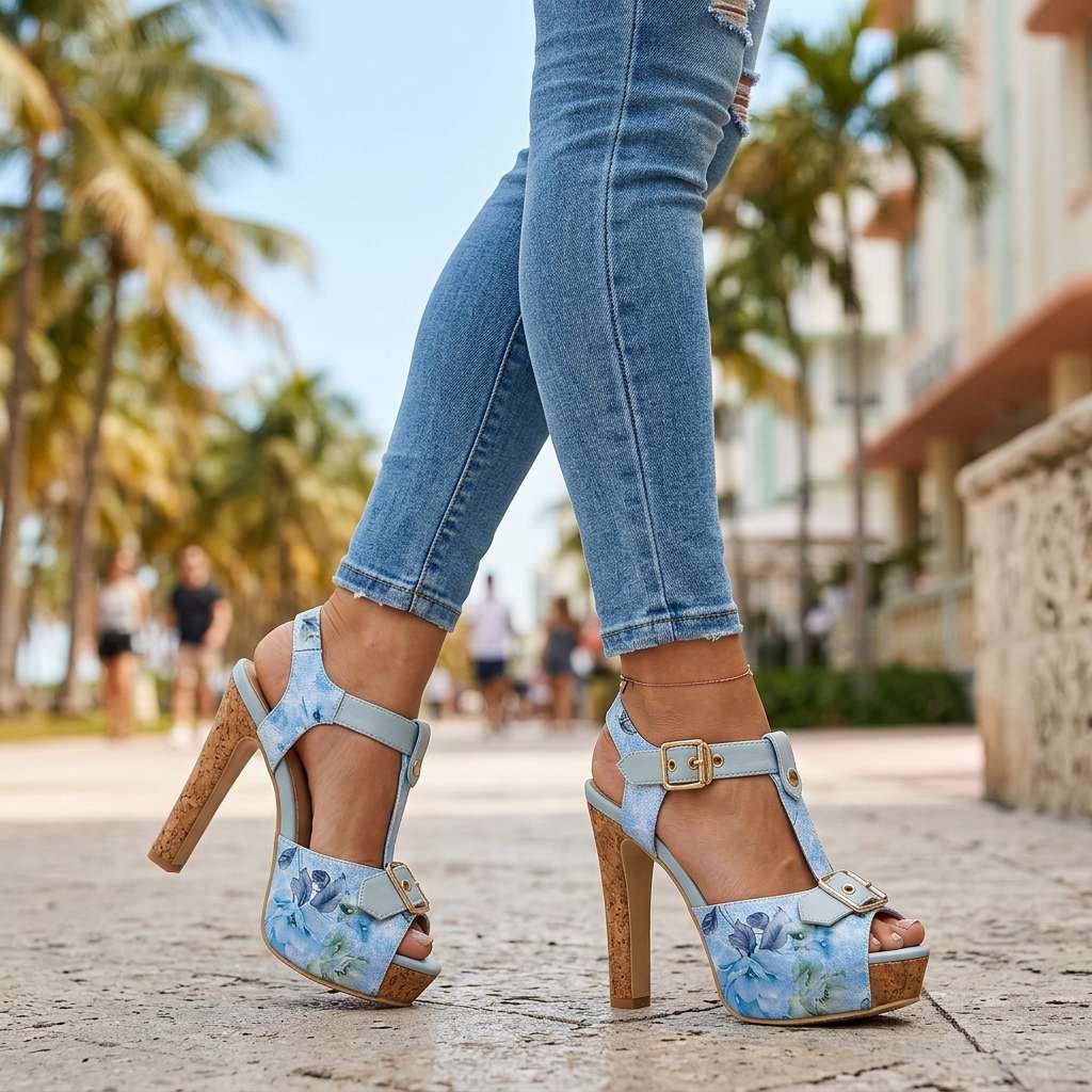 Women's Platform Heels - Open Toe - T-Strap - Cork Block Heel