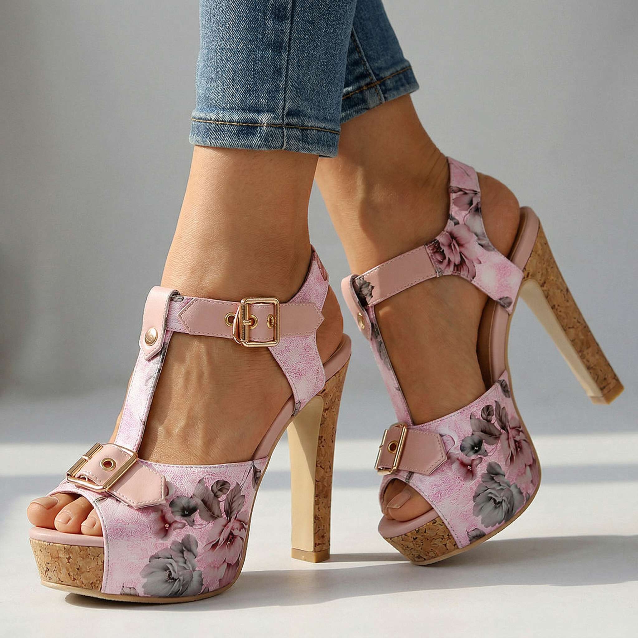 Women's Platform Heels - Open Toe - T-Strap - Cork Block Heel