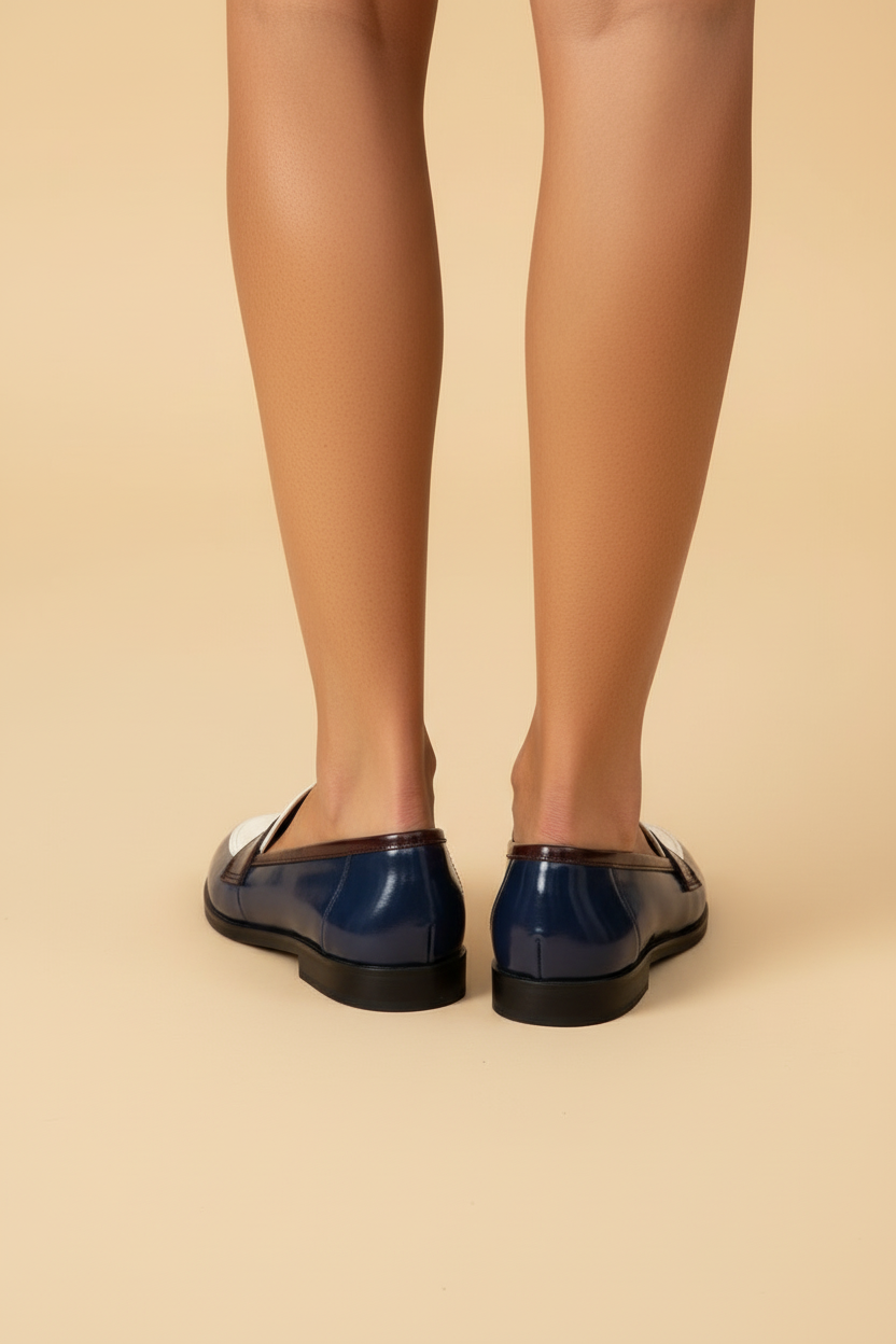 Women's Penny Loafers – Slip-On Flat Shoes with Round Toe and Color Block Upper
