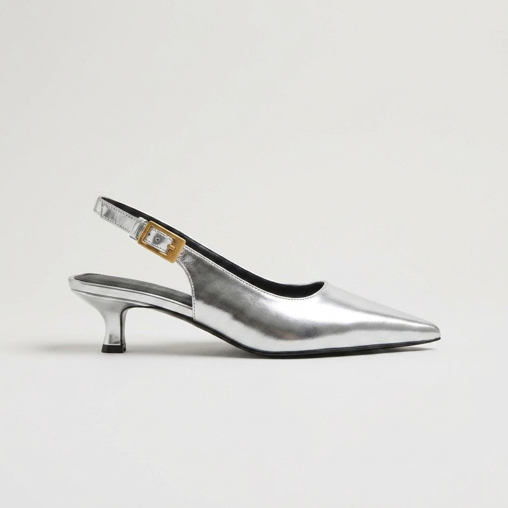 Women's Kitten Heels - Pointed Toe Slingback Pumps - Gold-Tone Buckle Strap