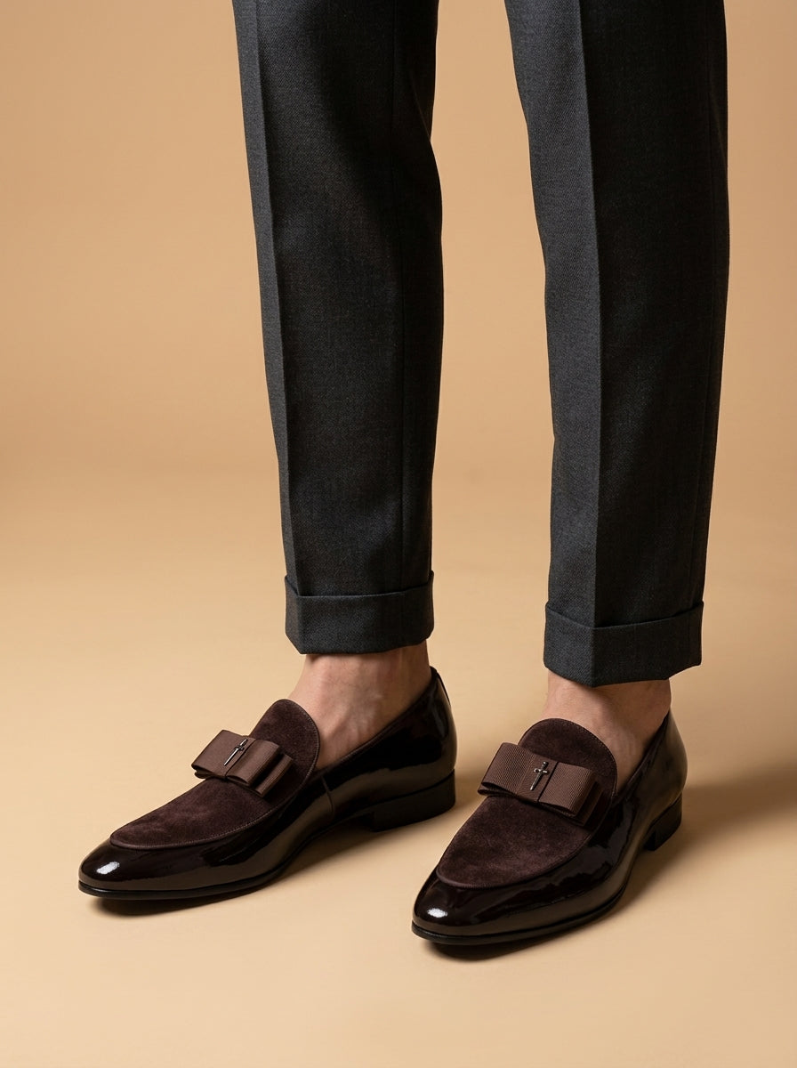 Men's Dress Loafers – Slip-On Round Toe with Suede Panel and Bow Detail