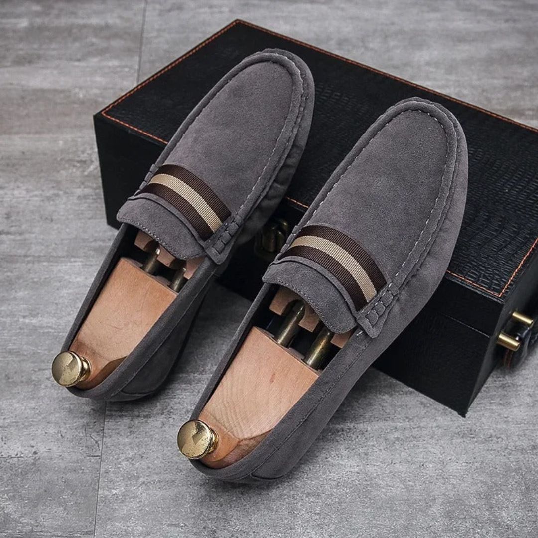 Men's Slip-On Penny Loafers - Suede - Striped Strap Detail
