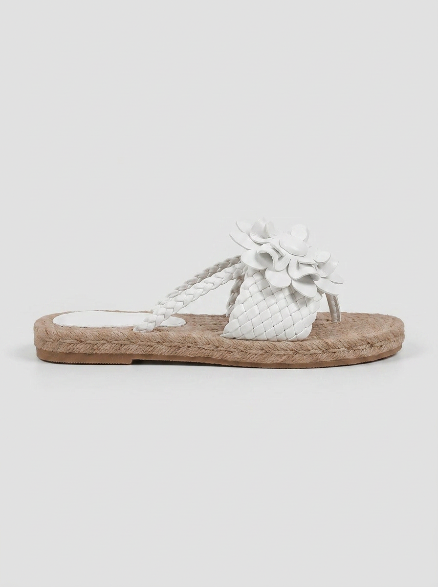 Women's Braided Flower Appliqué Flat Sandals - Open Toe - Slip-On