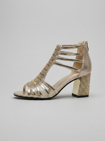 Women's Gladiator Sandals - T-Bar Rhinestone Block Heels - Zip Closure