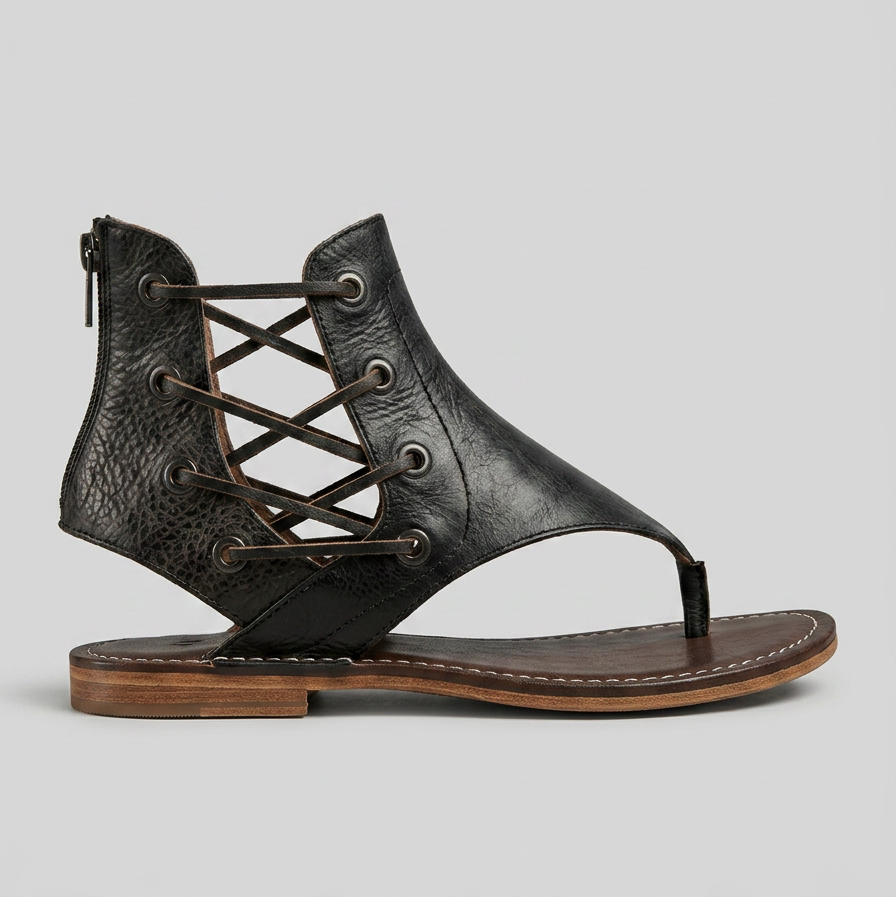 Women's Cowboy Thong Sandals with Lace-Up Ankle Cuff and Back Zip