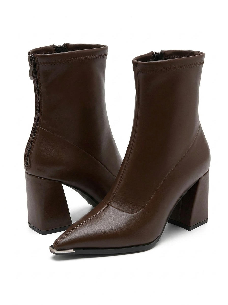 Women’s Ankle Boots with Pointed Toe, Block Heel, and Metallic Toe Detail