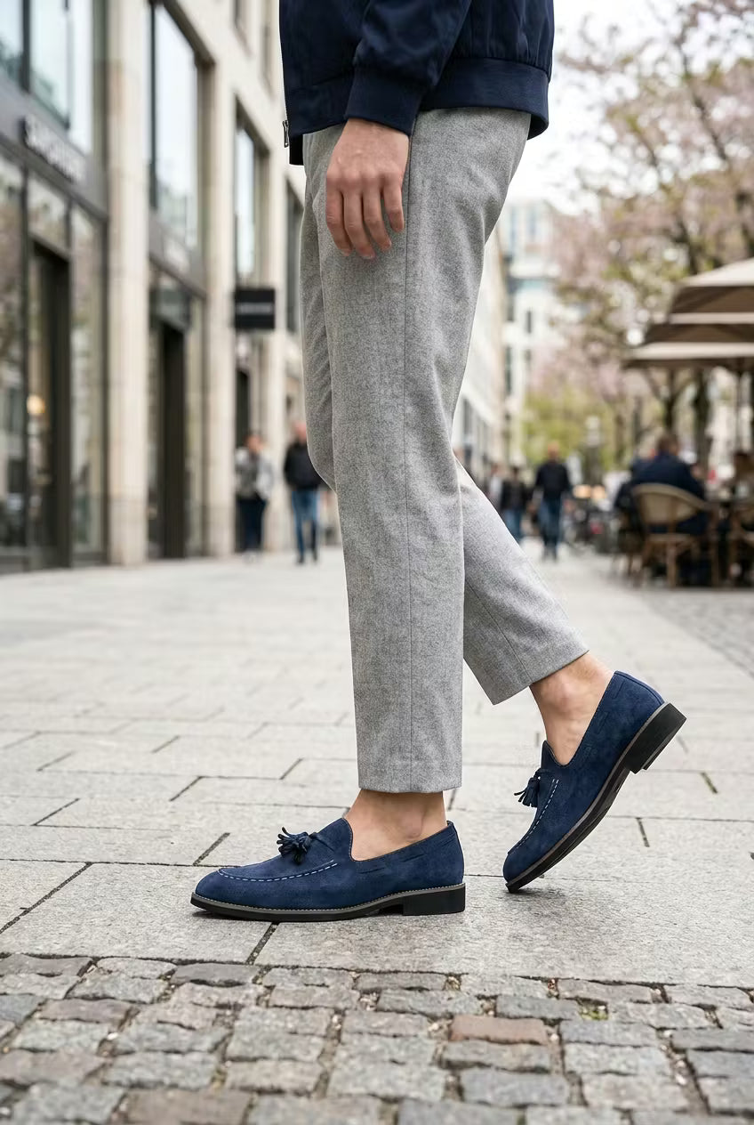 Men's Loafers - Slip-On - Tassel Detail - Suede - Moc Toe Stitching