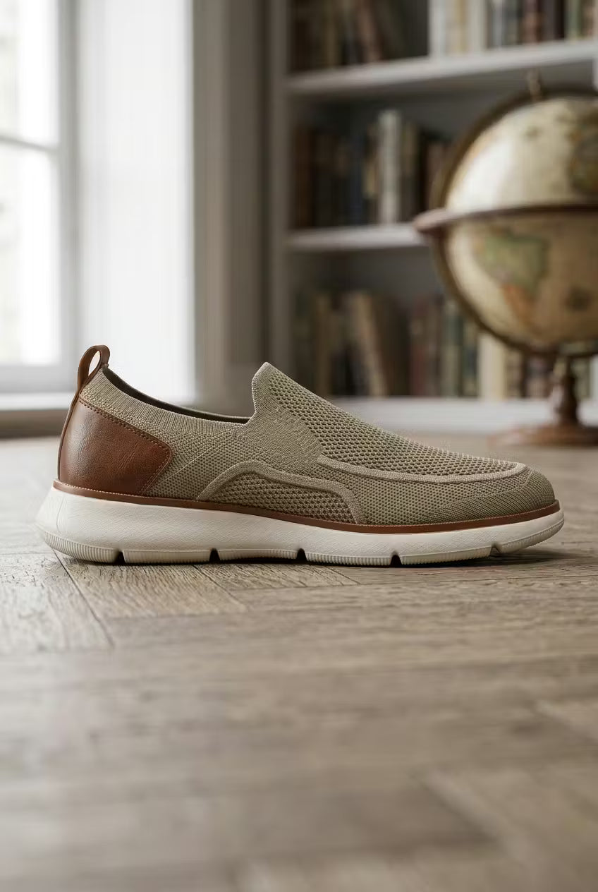Men's Sneakers - Slip-On - Knit Mesh Upper - Leather Heel Panel