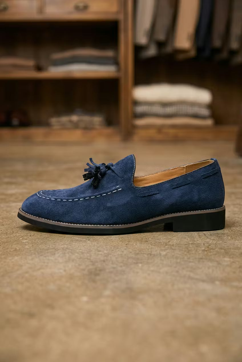 Men's Loafers - Slip-On - Tassel Detail - Suede - Moc Toe Stitching