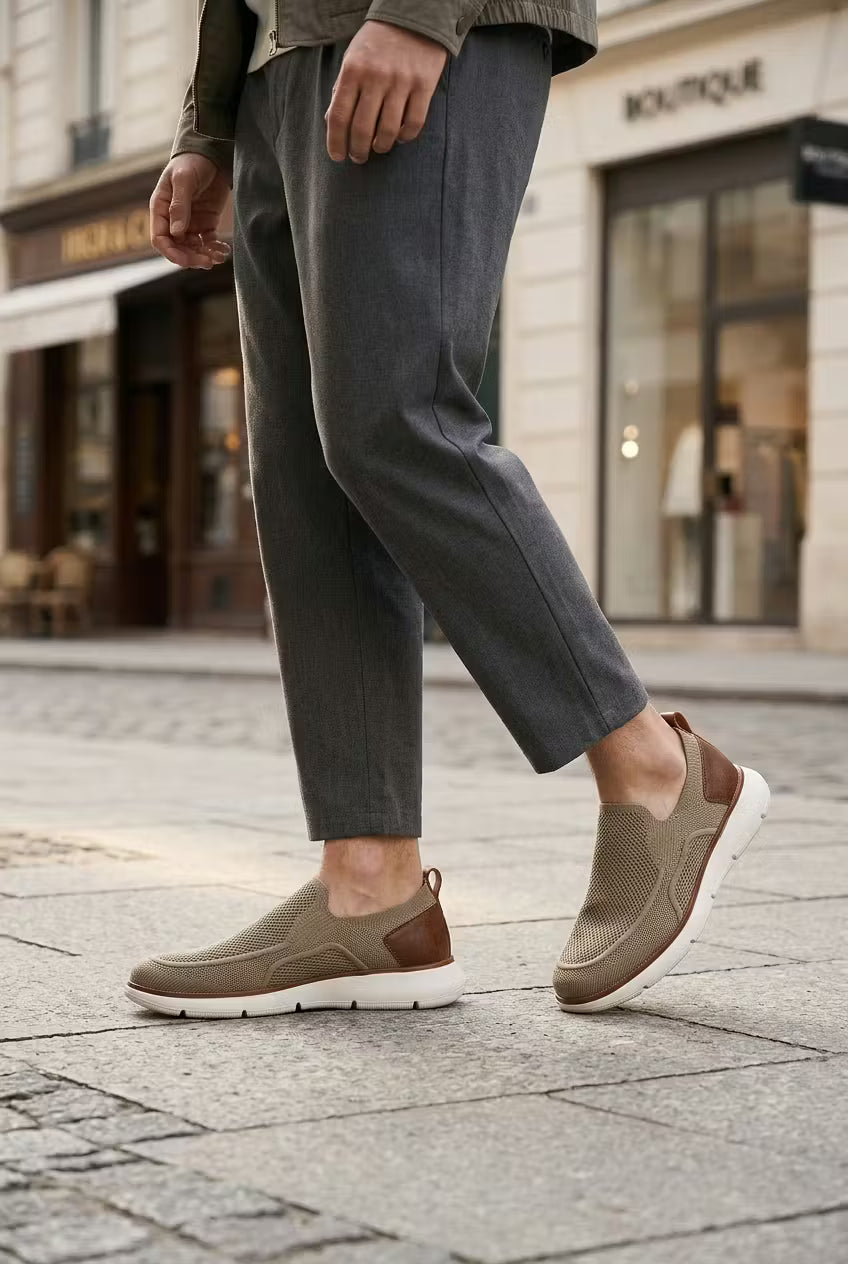Men's Sneakers - Slip-On - Knit Mesh Upper - Leather Heel Panel