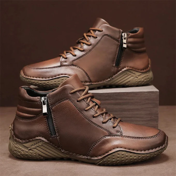 Men's Leather Ankle Boots - Side Zipper - Lace-Up - Textured Sole