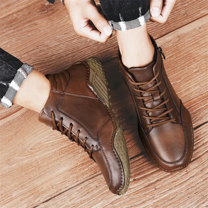 Men's Leather Ankle Boots - Side Zipper - Lace-Up - Textured Sole