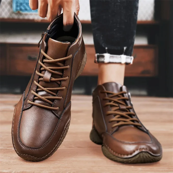Men's Leather Ankle Boots - Side Zipper - Lace-Up - Textured Sole