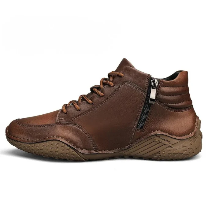 Men's Leather Ankle Boots - Side Zipper - Lace-Up - Textured Sole
