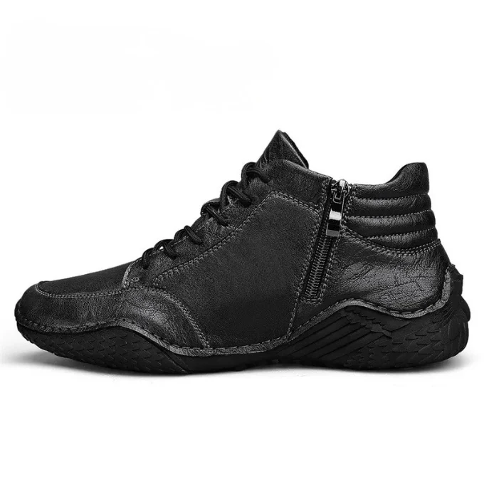 Men's Leather Ankle Boots - Side Zipper - Lace-Up - Textured Sole