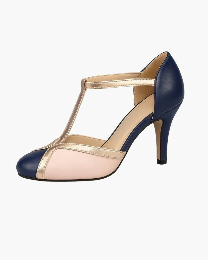 Women’s T-Strap High Heel Shoes with Closed Toe – Buckle Strap Design