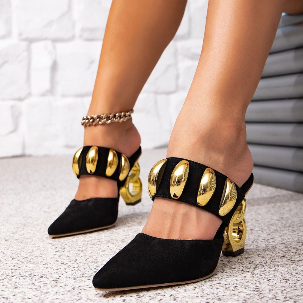 Women's Black Heels - Gold Chain Sculptural Heel - Pointed Toe