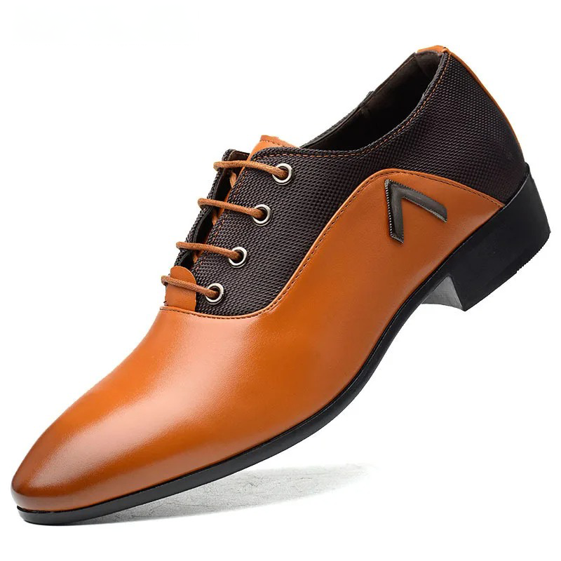 Men’s Pointed Toe Faux Leather Lace-Up Dress Shoes with Panel Contrast Design
