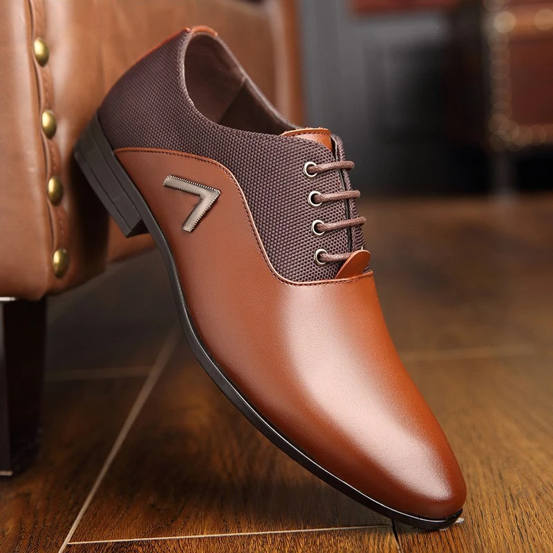 Men’s Pointed Toe Faux Leather Lace-Up Dress Shoes with Panel Contrast Design