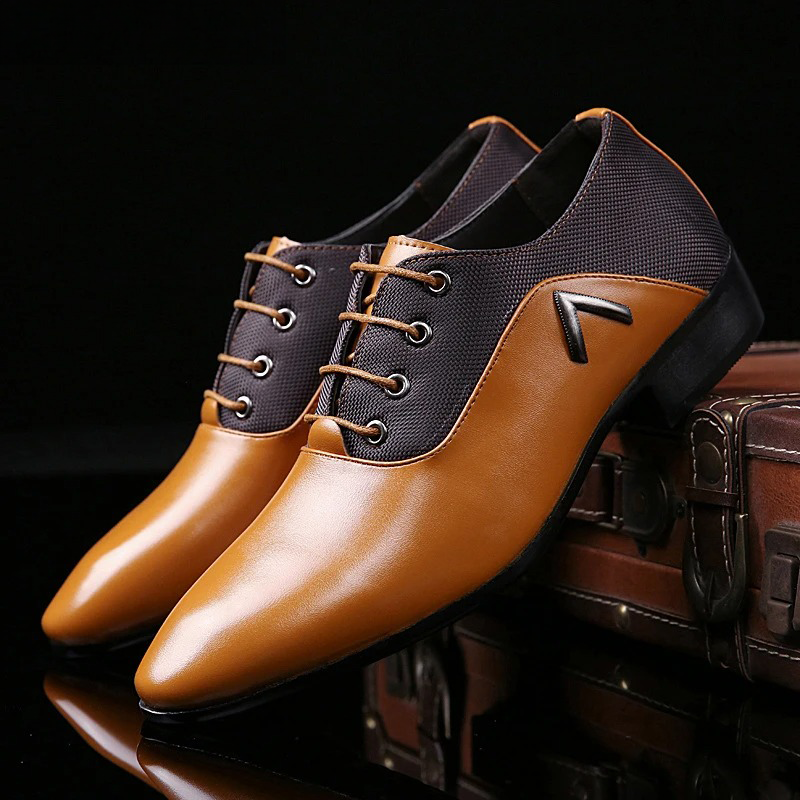 Men’s Pointed Toe Faux Leather Lace-Up Dress Shoes with Panel Contrast Design