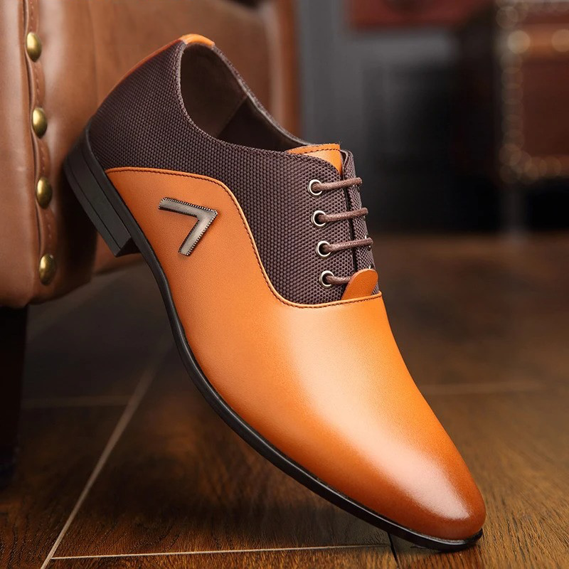 Men’s Pointed Toe Faux Leather Lace-Up Dress Shoes with Panel Contrast Design