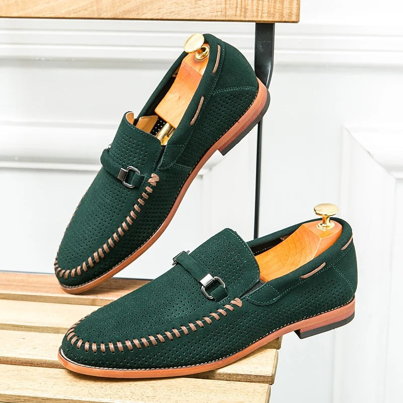 Men’s Slip-On Loafers with Almond Toe, Perforated Upper, and Flat Sole