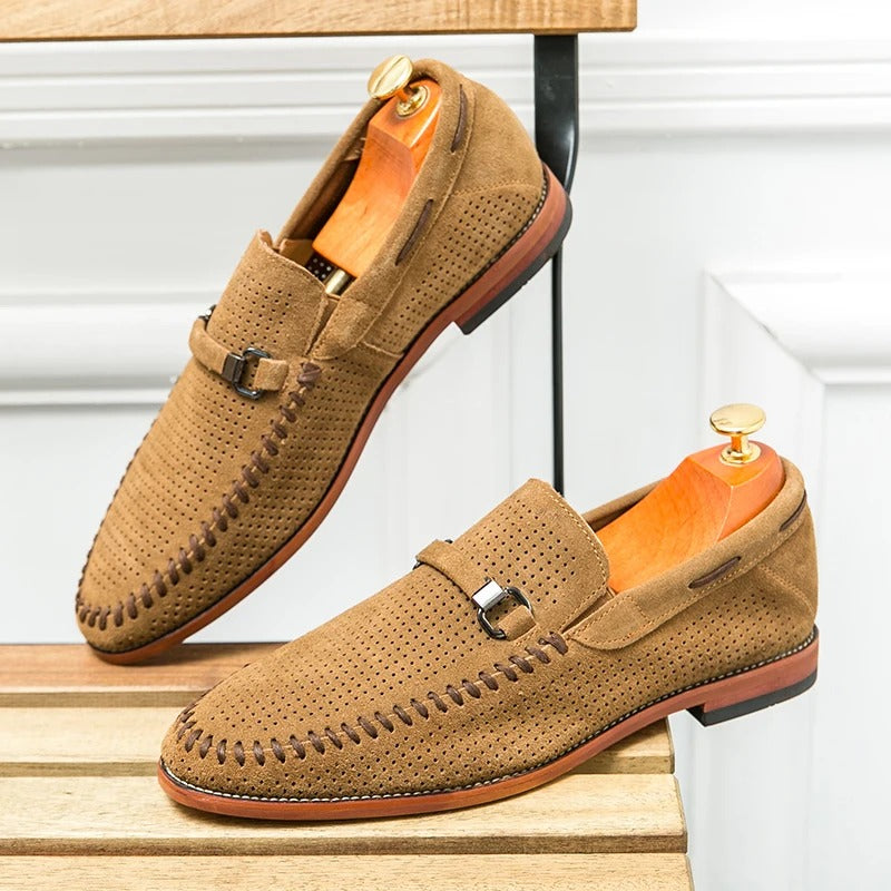 Men’s Slip-On Loafers with Almond Toe, Perforated Upper, and Flat Sole