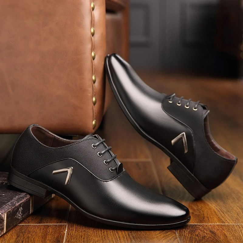 Men’s Pointed Toe Faux Leather Lace-Up Dress Shoes with Panel Contrast Design