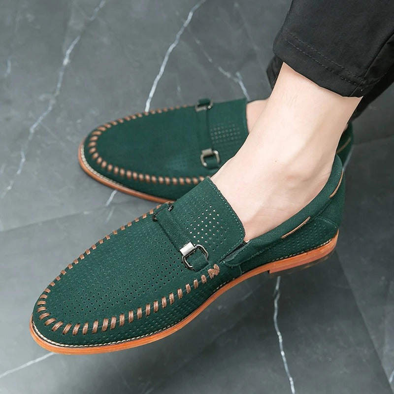 Men’s Slip-On Loafers with Almond Toe, Perforated Upper, and Flat Sole