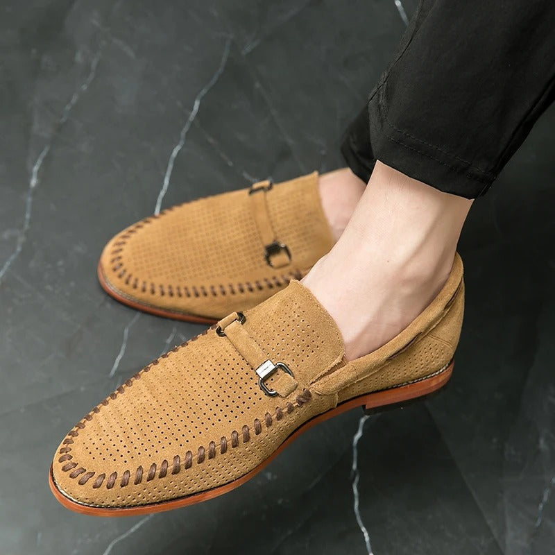 Men’s Slip-On Loafers with Almond Toe, Perforated Upper, and Flat Sole