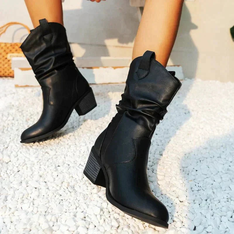 Women's Slouch Mid-Calf Boots - Block Heel - Pull-On - Side Tabs