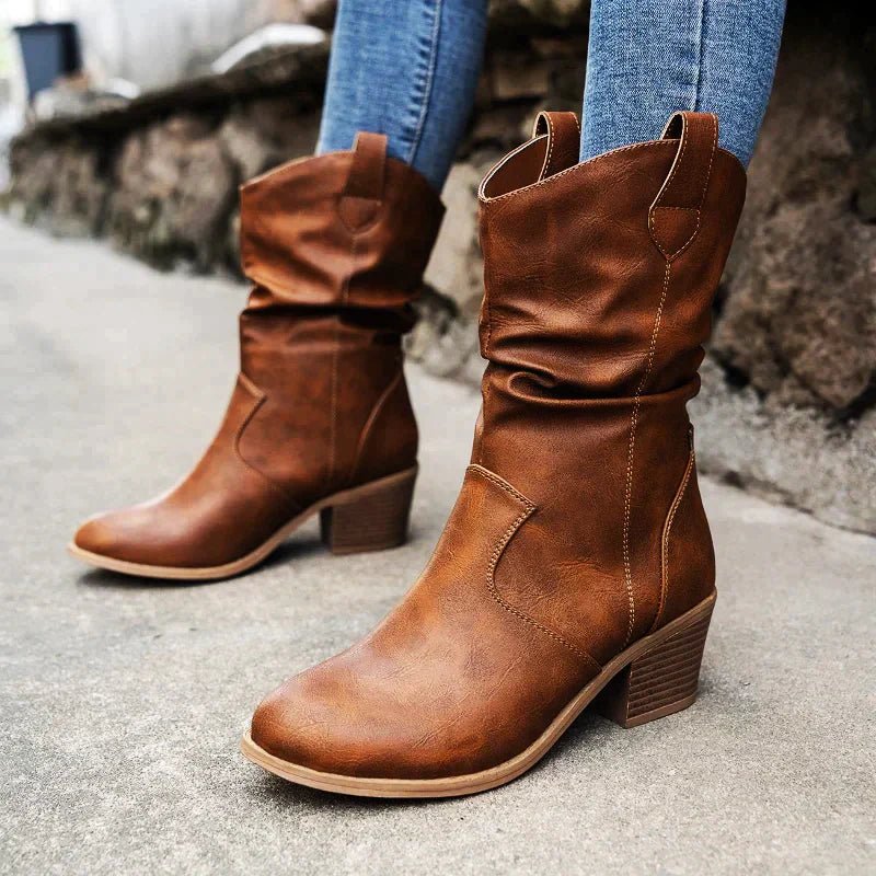 Women's Slouch Mid-Calf Boots - Block Heel - Pull-On - Side Tabs