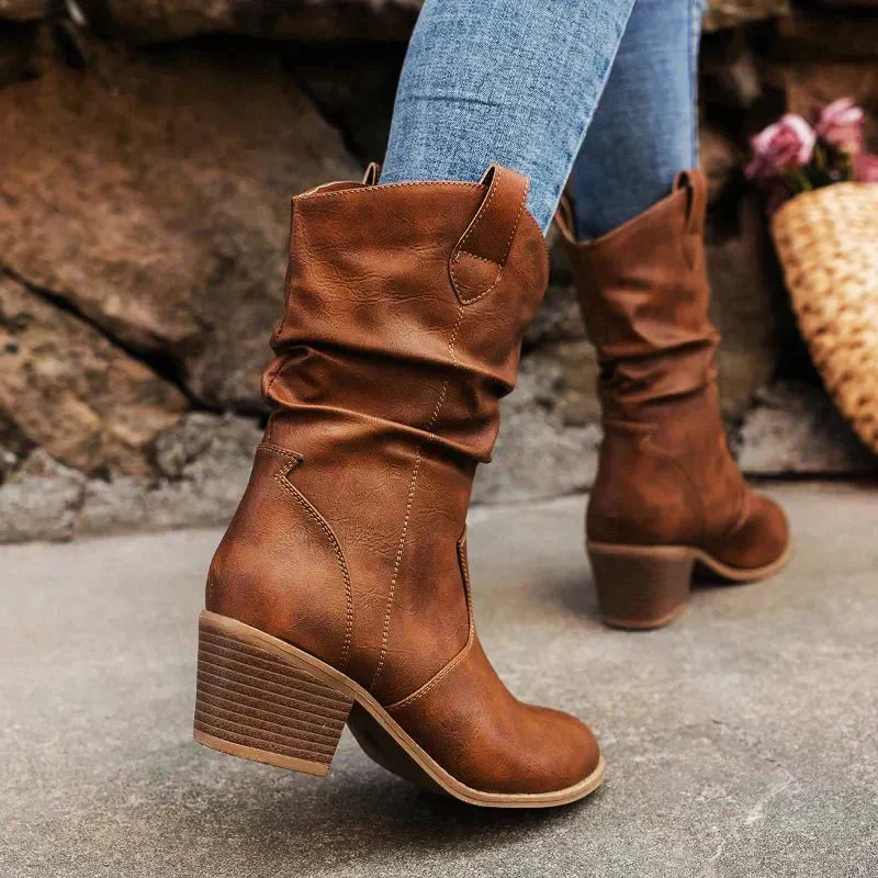 Women's Slouch Mid-Calf Boots - Block Heel - Pull-On - Side Tabs