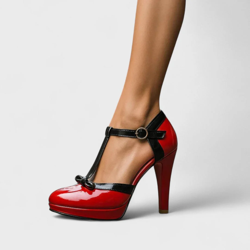 Women's Platform Heels T-Strap Stiletto Bow Accent Mary Jane