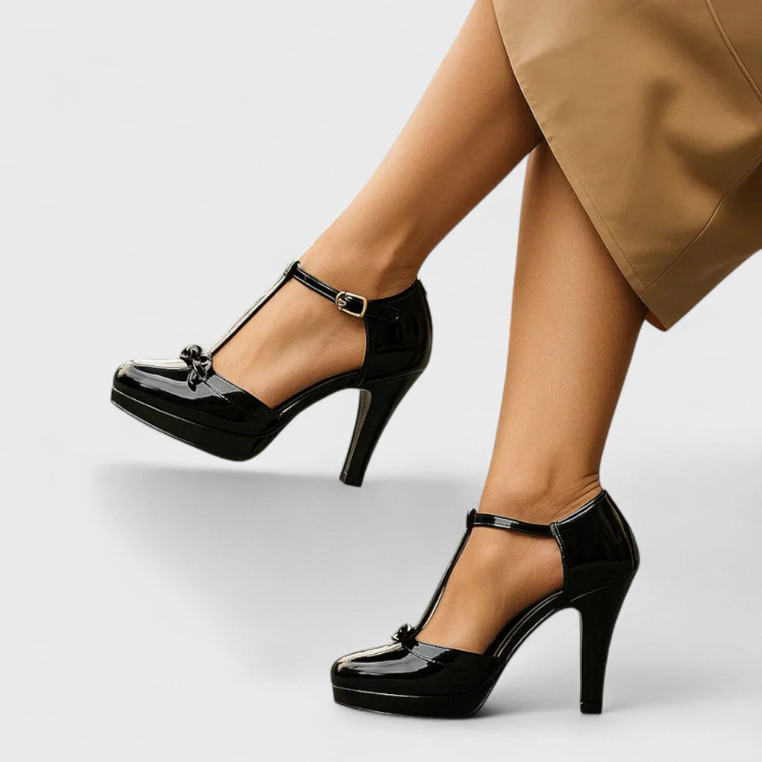 Women's Platform Heels T-Strap Stiletto Bow Accent Mary Jane