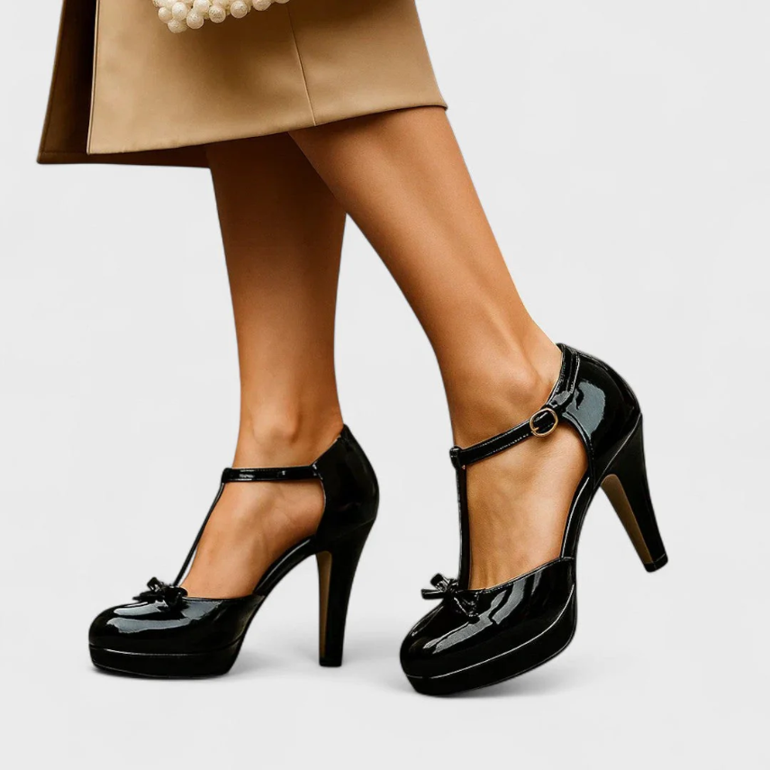 Women's Platform Heels T-Strap Stiletto Bow Accent Mary Jane