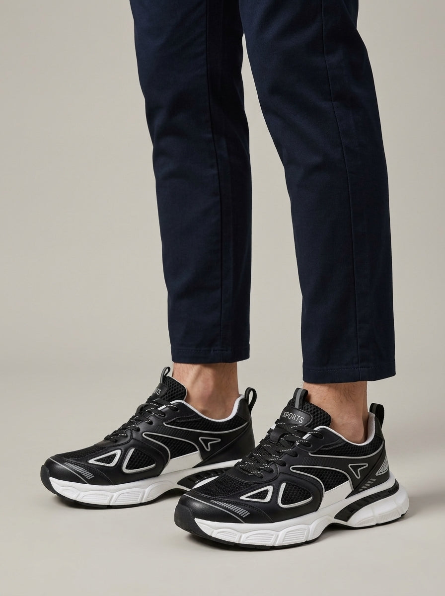 Men's Chunky Lace-Up Sneakers with Perforated Mesh Upper and Rubber Sole