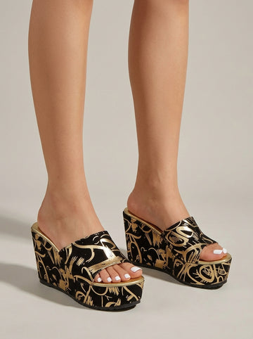 Women's Wedge Sandals Open-Toe Platform Graphic Print Slip-On