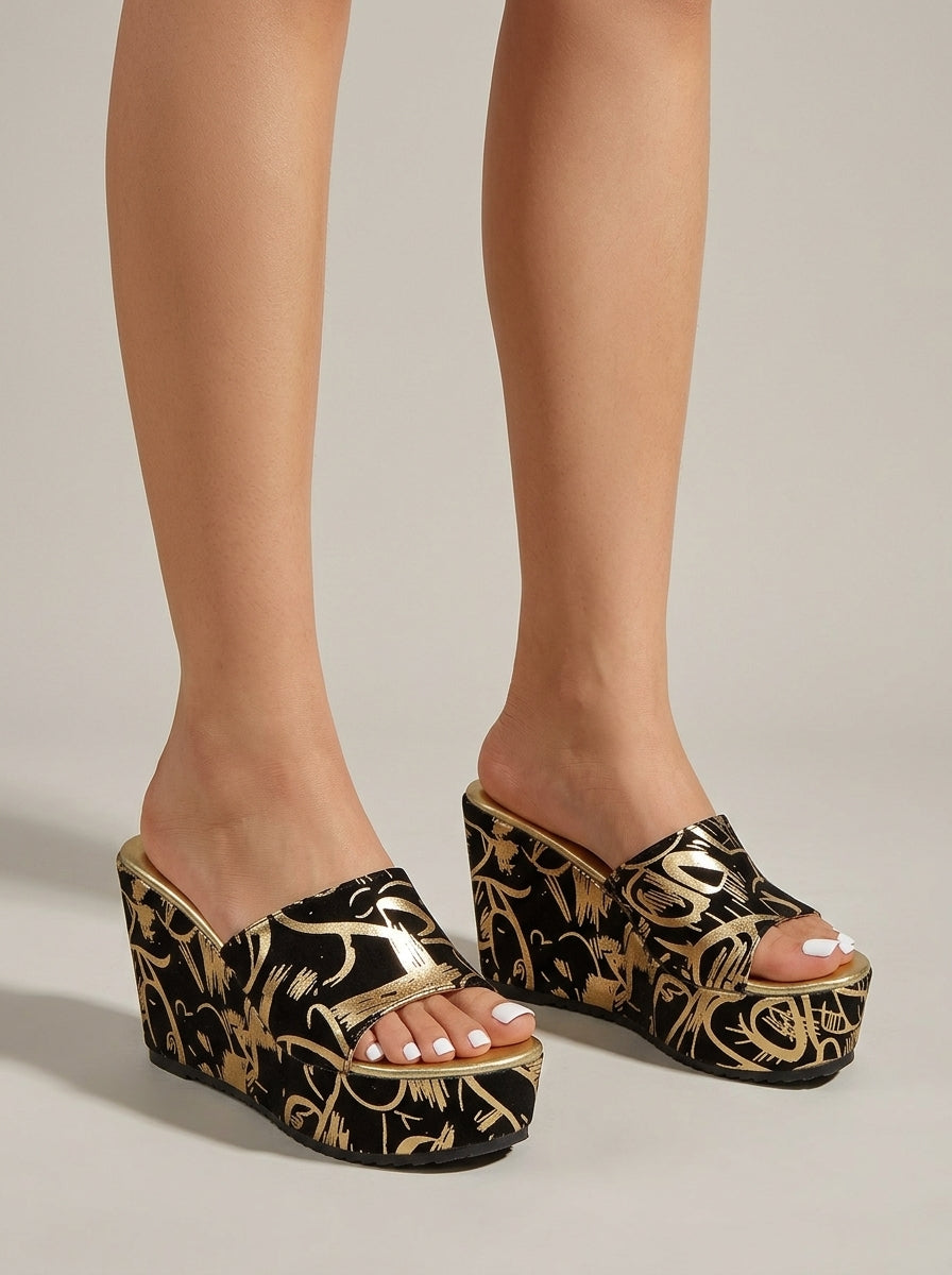 Women's Wedge Sandals Open-Toe Platform Graphic Print Slip-On
