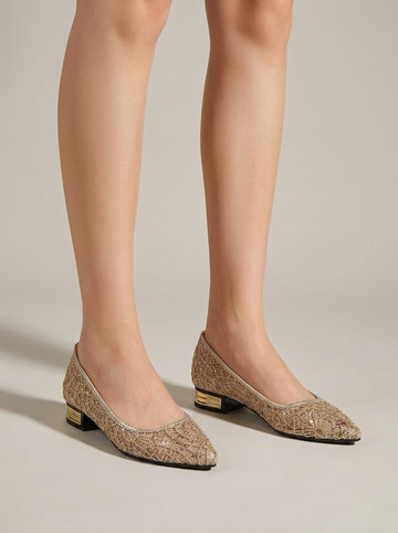 Women's Flats Pointed Toe Lace Embellished Low Block Heel Slip-On