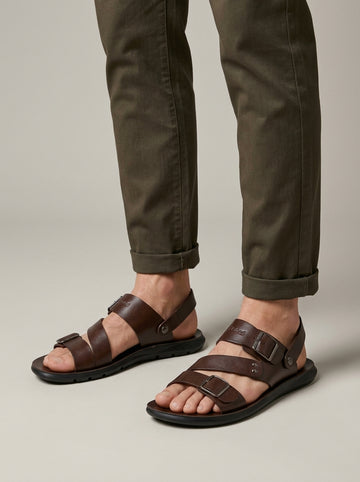Men's Sandals Leather Dual Buckle Straps Slingback Open-Toe Flat
