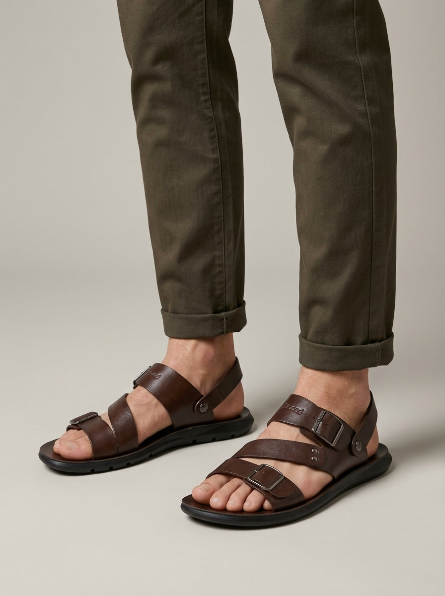 Men's Sandals Leather Dual Buckle Straps Slingback Open-Toe Flat