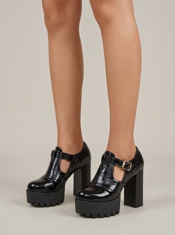 Women's Platform Heels T-Strap Croc-Embossed Mary Jane Block Heel