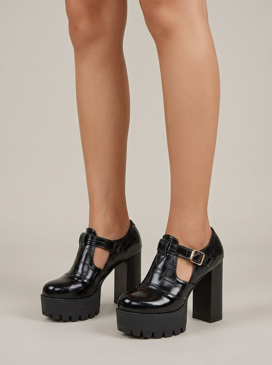 Women's Platform Heels T-Strap Croc-Embossed Mary Jane Block Heel
