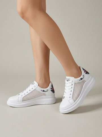 Women's White Platform Sneakers Embroidered Floral Low-Top Lace-Up
