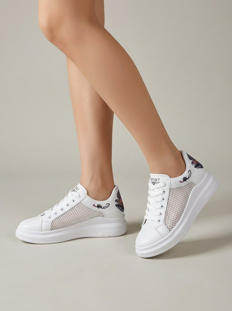 Women's White Platform Sneakers Embroidered Floral Low-Top Lace-Up