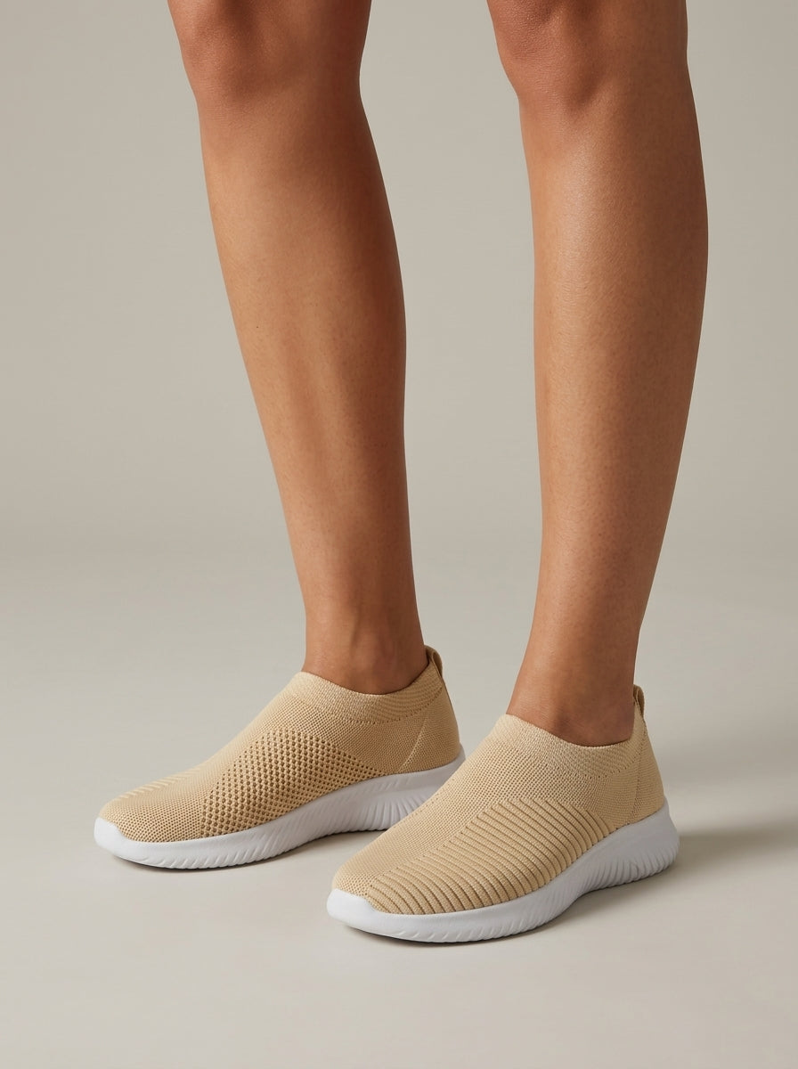 Women's Slip-On Knit Sneakers with Perforated Panel and Round Toe