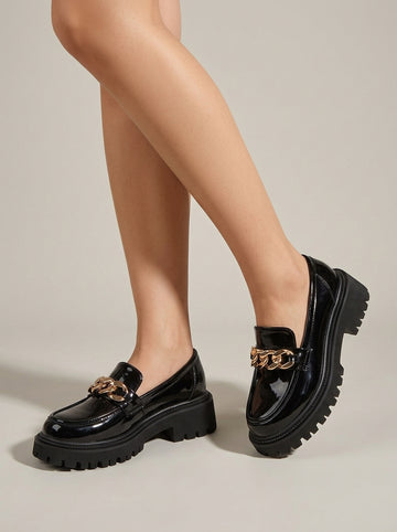 Women's Platform Loafers Slip-On Round Toe Chain Detail